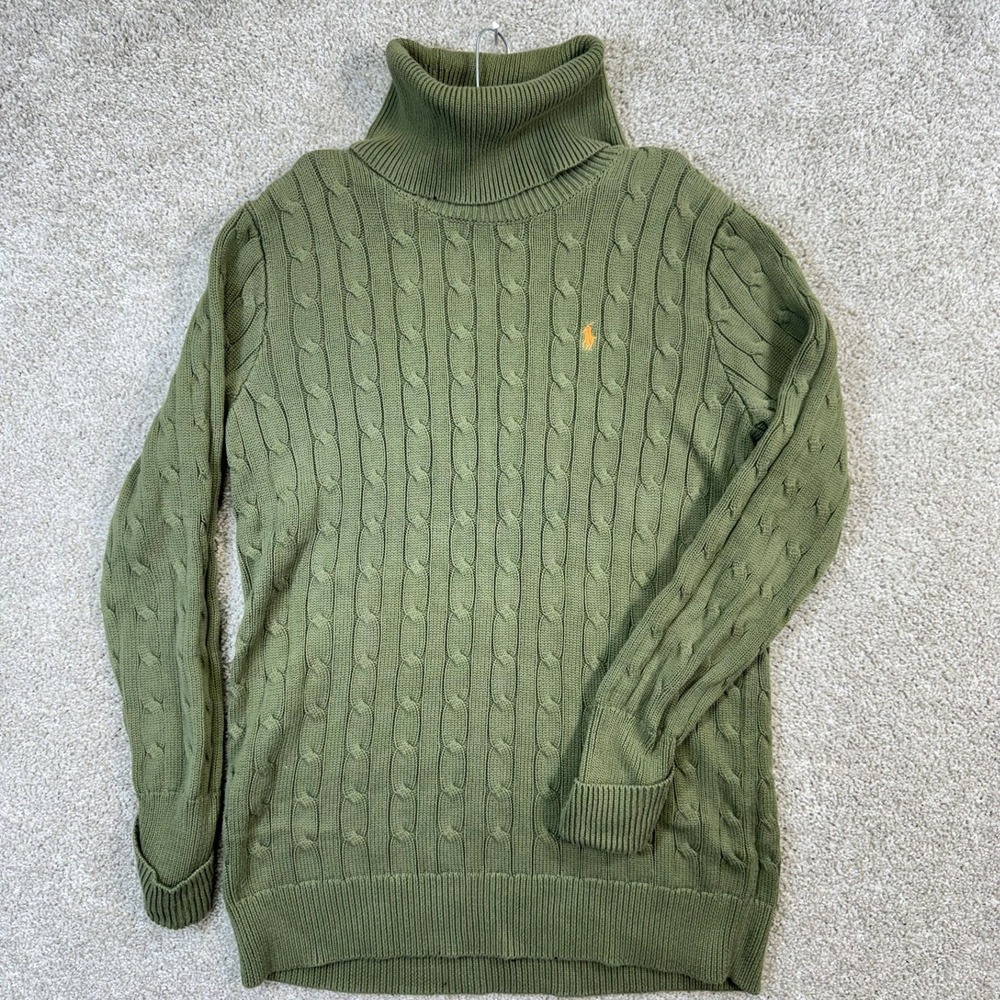 Ralph Lauren Sport Womens L Turtleneck Cable Knit Sweater Olive Green Cotton